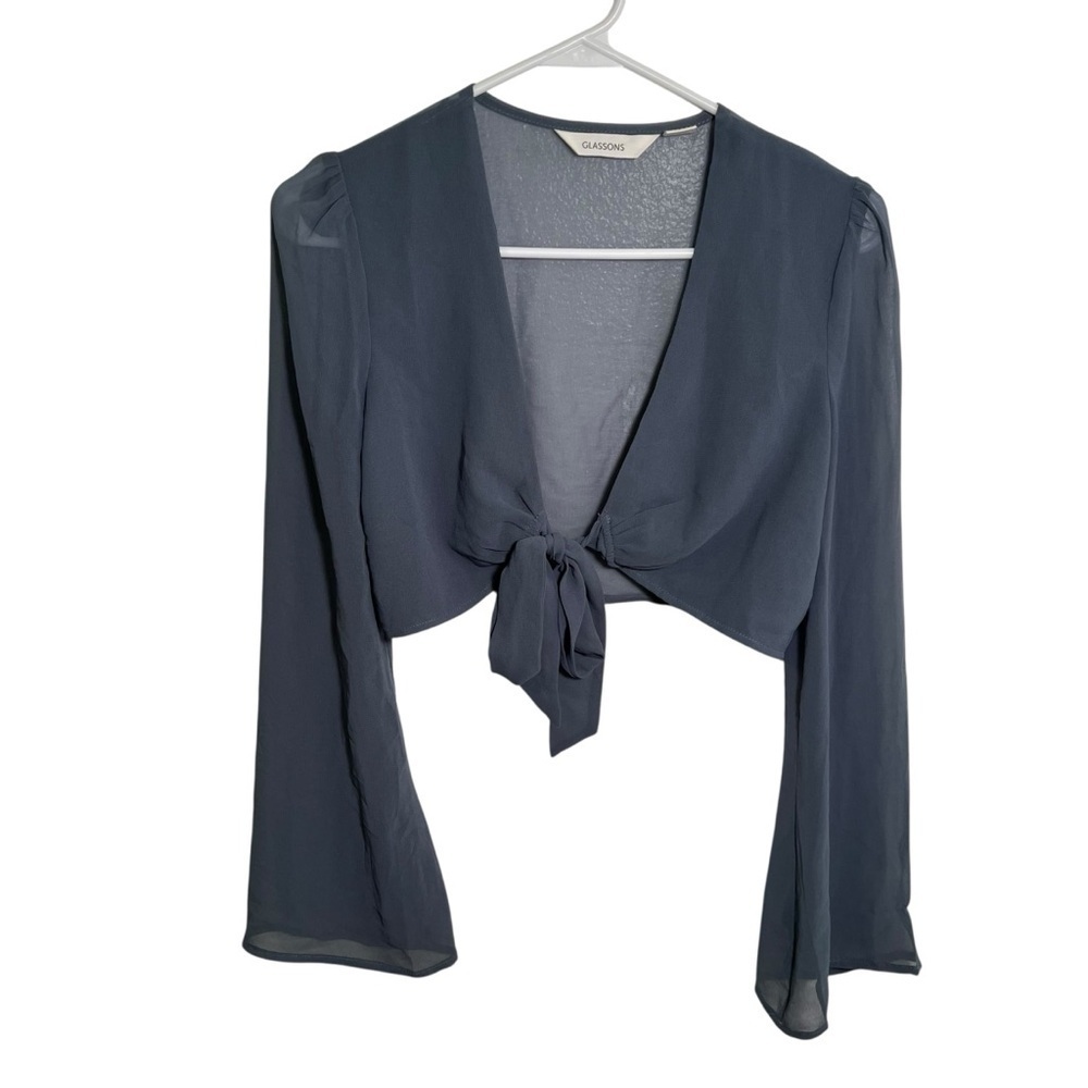 Glassons Womens Size 8 Cropped Chiffon Top Blue Gray Sheer Long Sleeve Tie Front